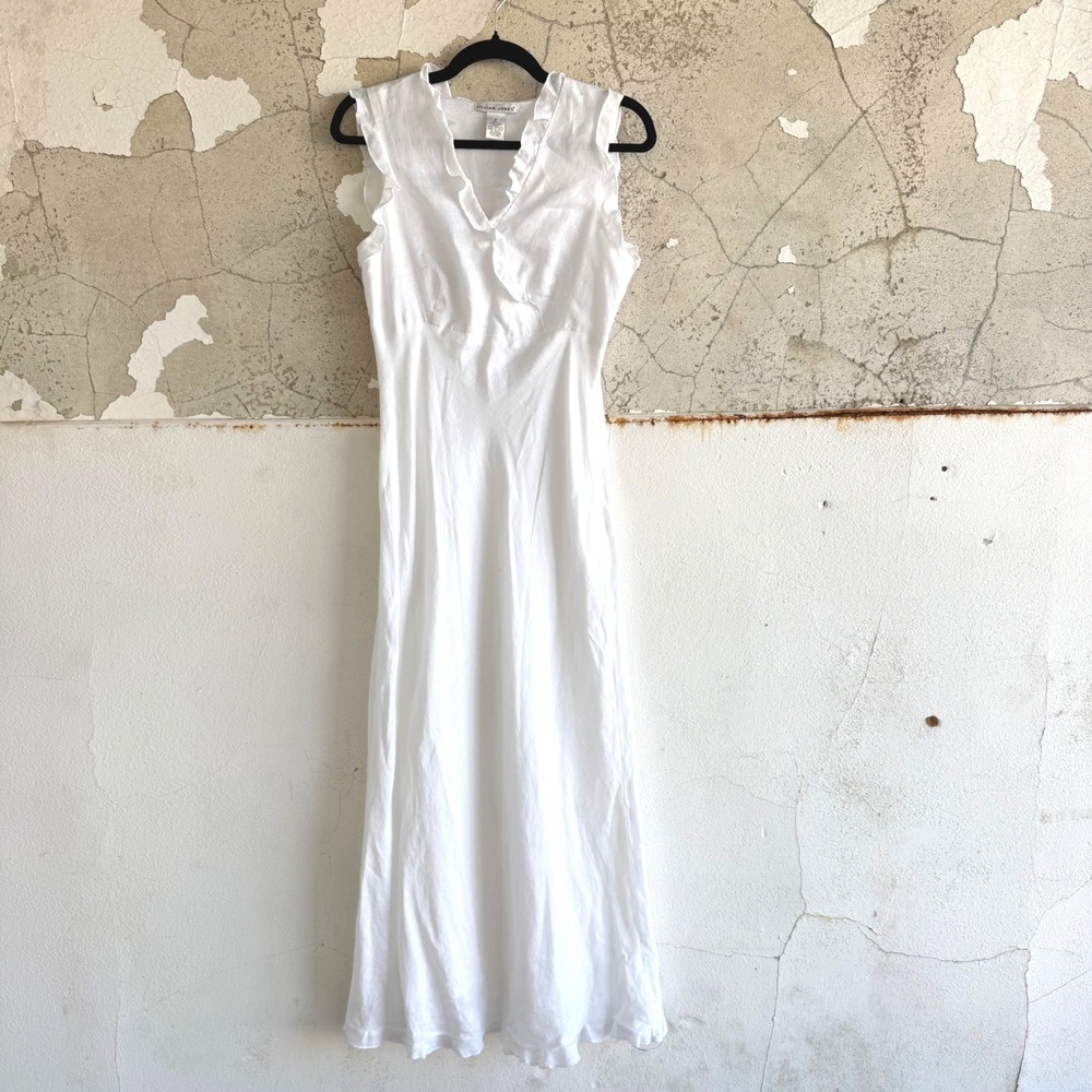 Vtg Linen Maxi Dress Ruffle Neck Sleeveless Jillian Jones Cottagecore Bridal 6